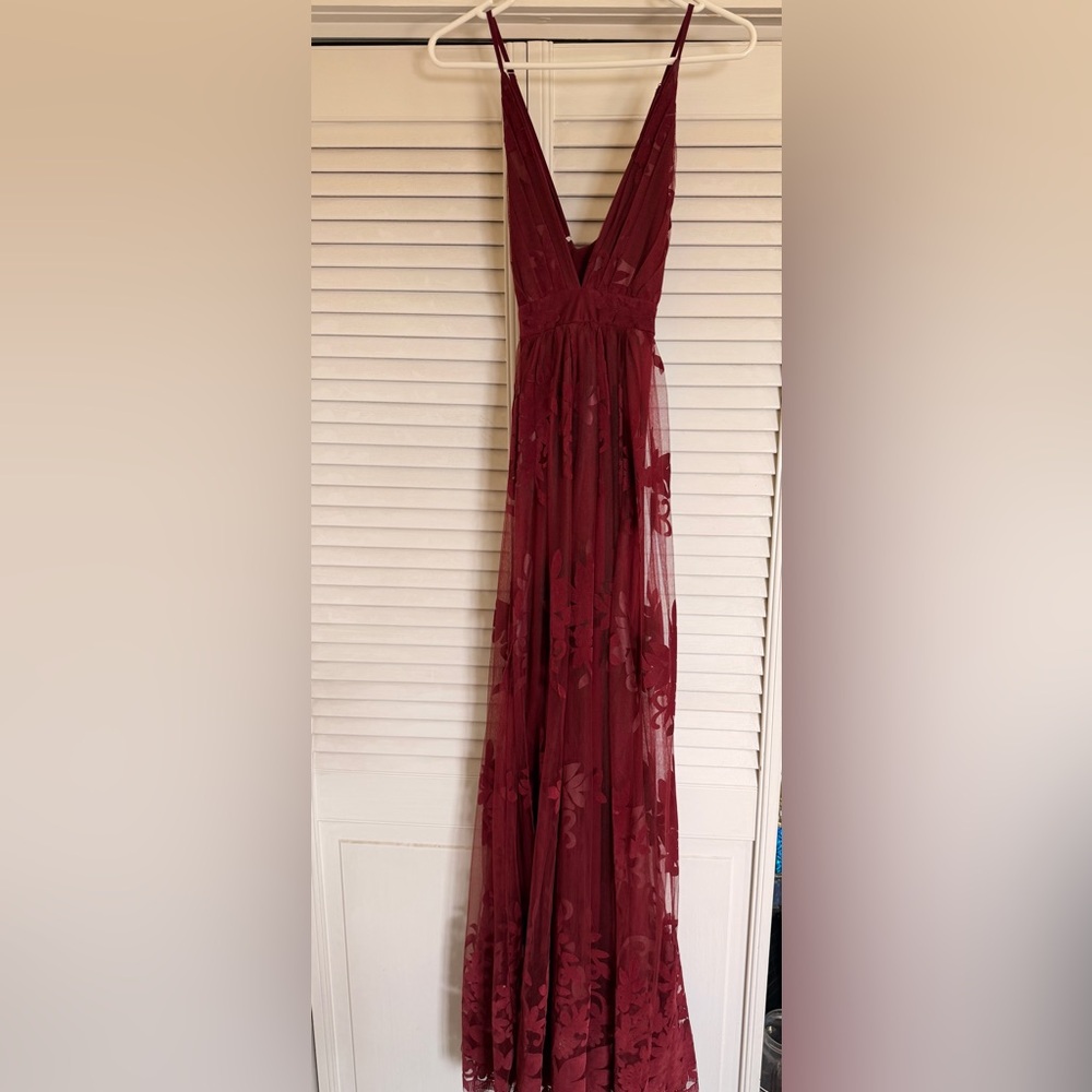 Maroon/burgundy, floral floor length dress, cross back straps, Medium